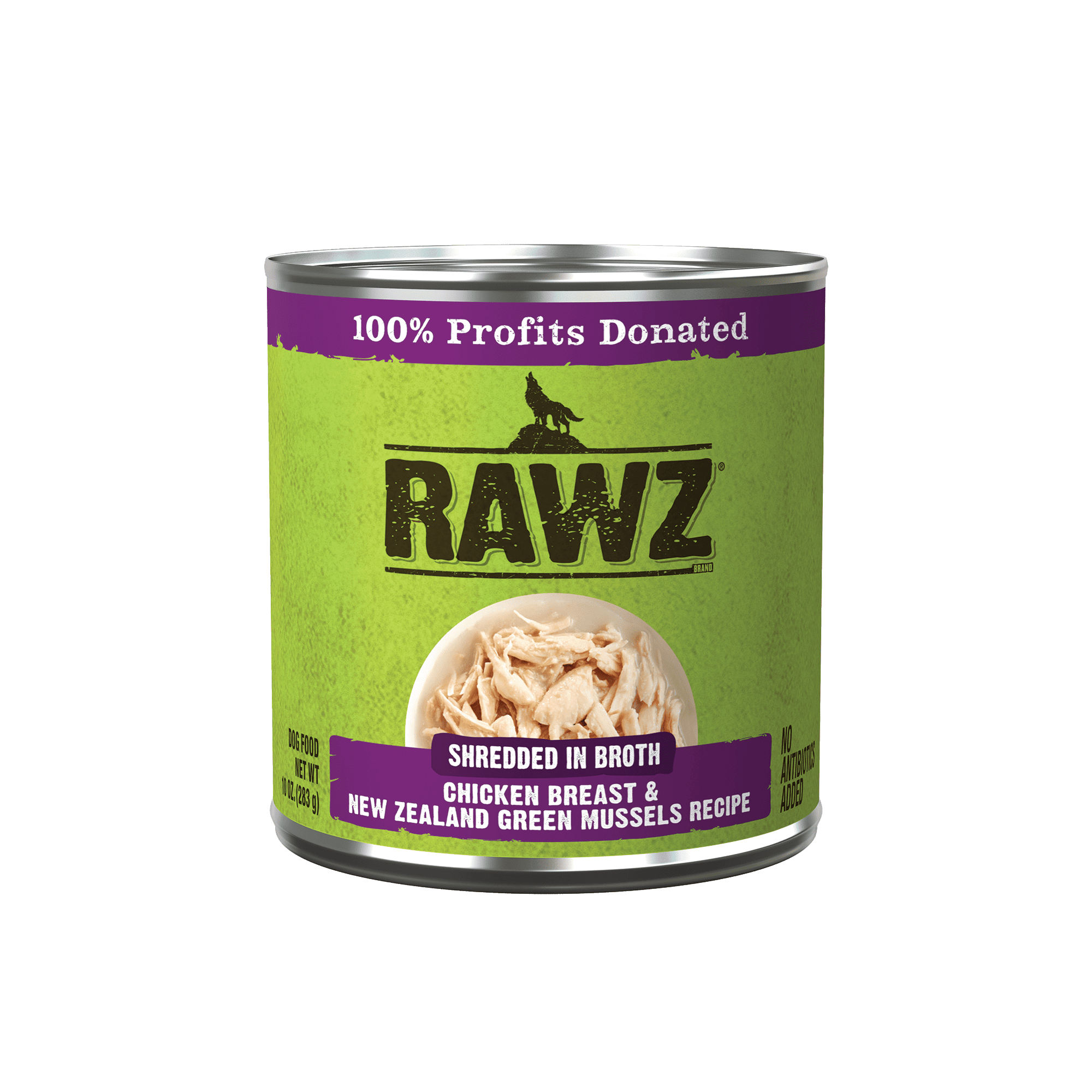 RAWZ Shredded Chicken Breast & New Zealand Green Mussels Recipe Canned Dog Food front of can.