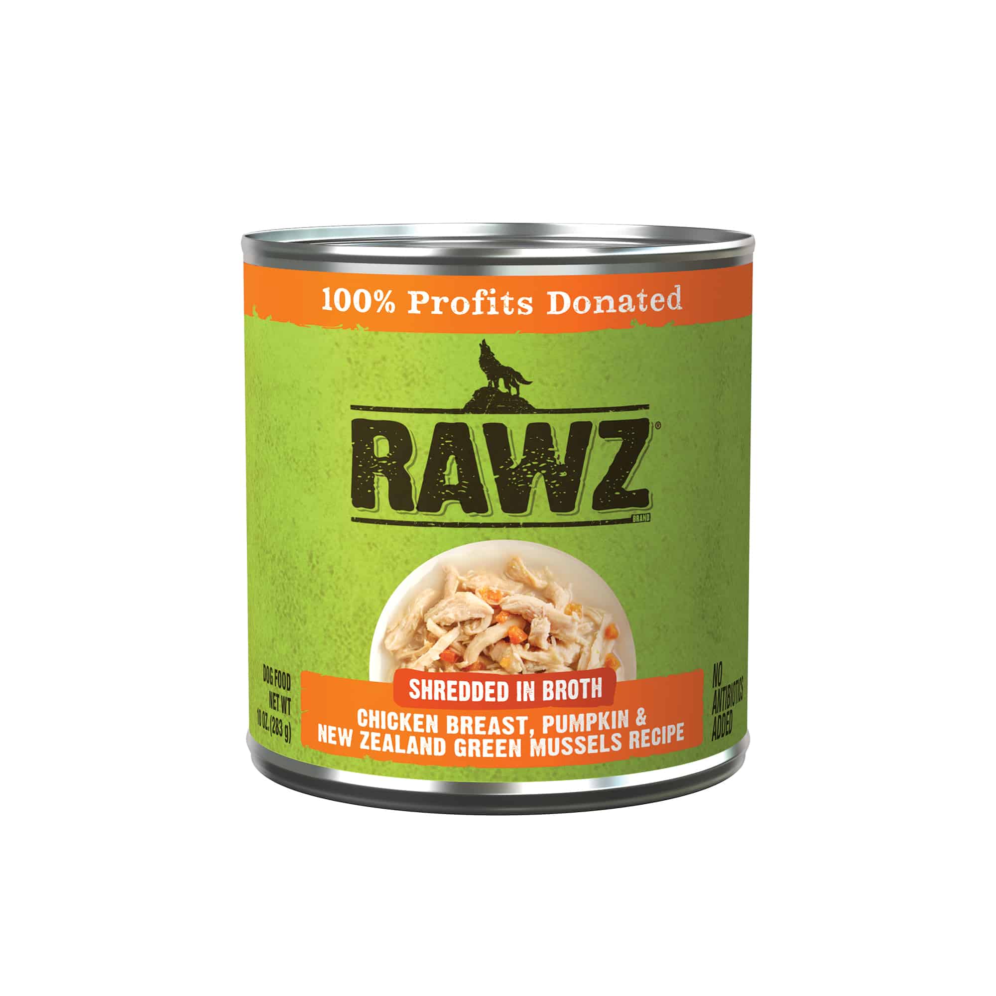 RAWZ Shredded Chicken Breast, Pumpkin, & New Zealand Green Mussels Recipe Canned Dog Food front of can.