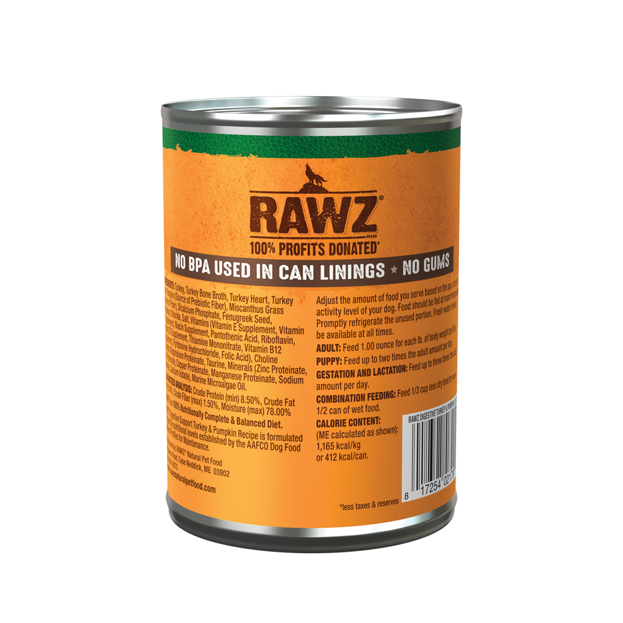 RAWZ Solutions Digestive Support Turkey & Pumpkin Canned Dog Food back of can.