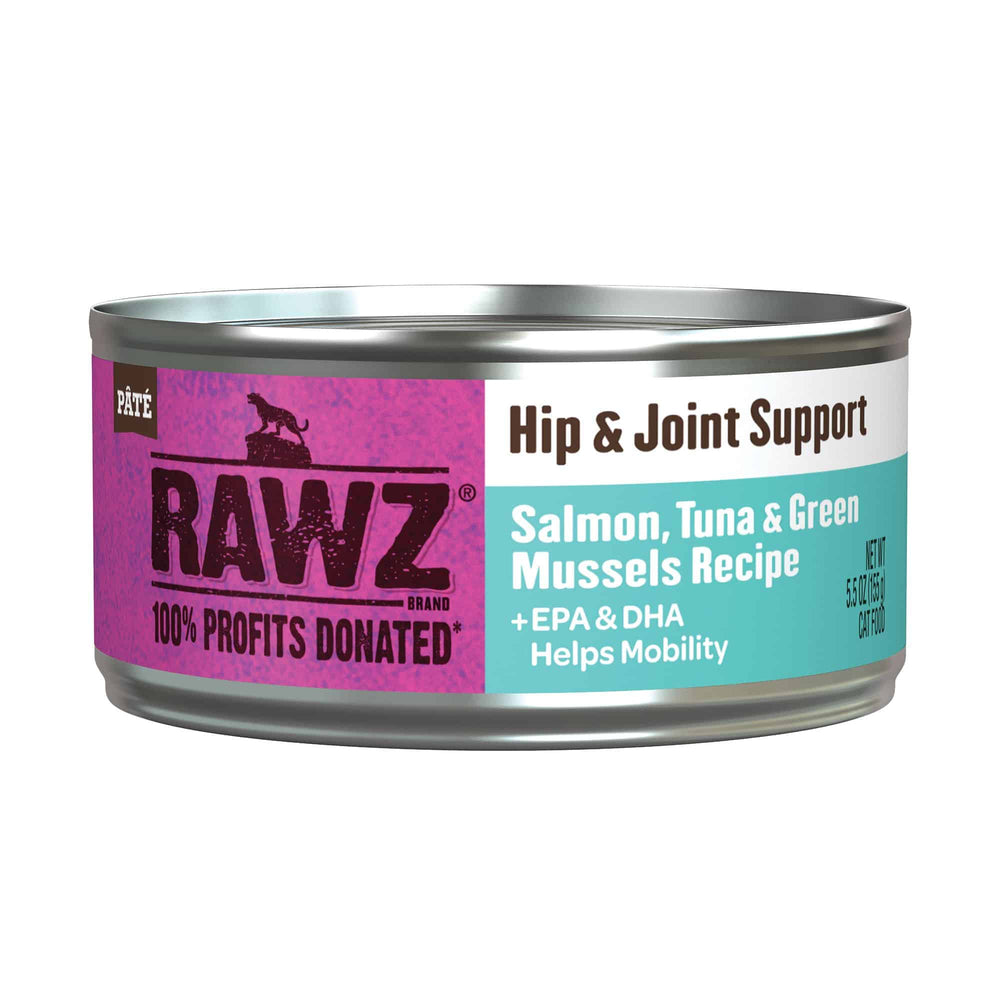 RAWZ Solutions Hip & Joint Support Salmon, Tuna & Green Mussels Canned Cat Food 5.5oz, Front can