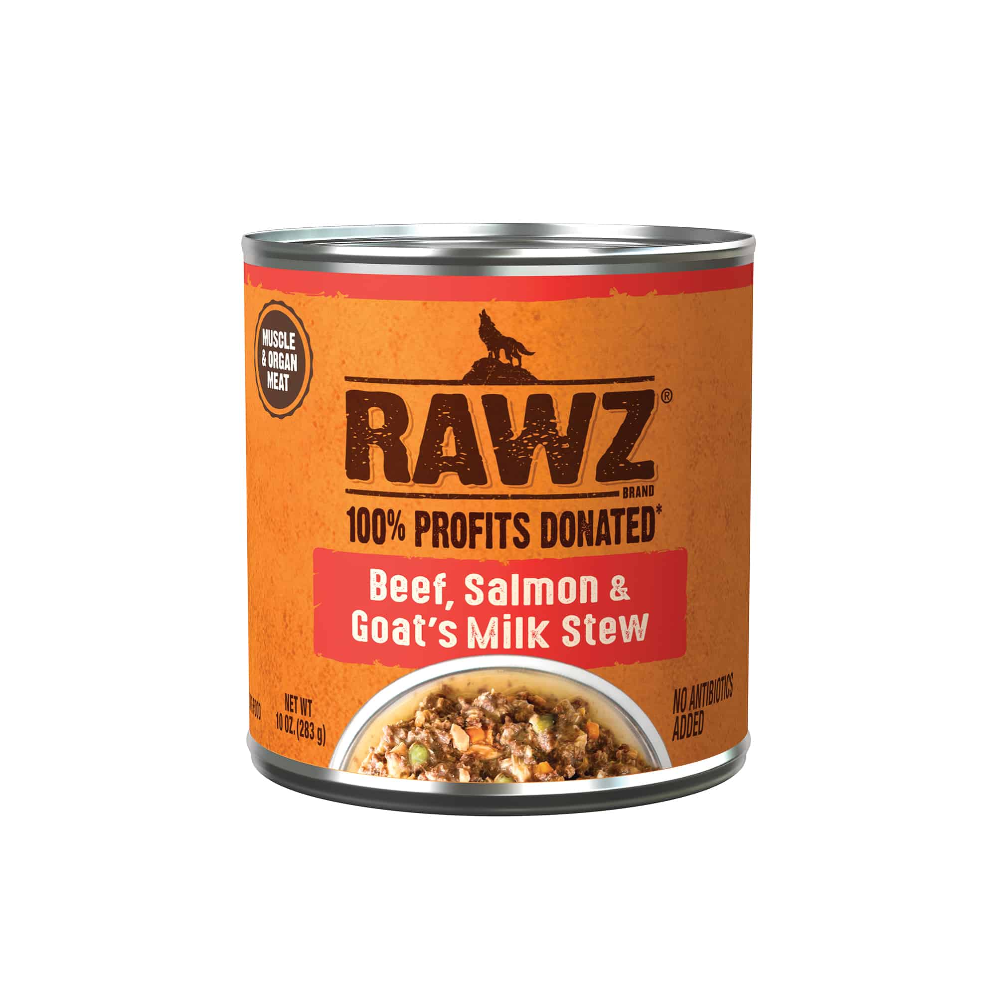 RAWZ Stew Beef, Salmon & Goat's Milk Canned Dog Food front of can.
