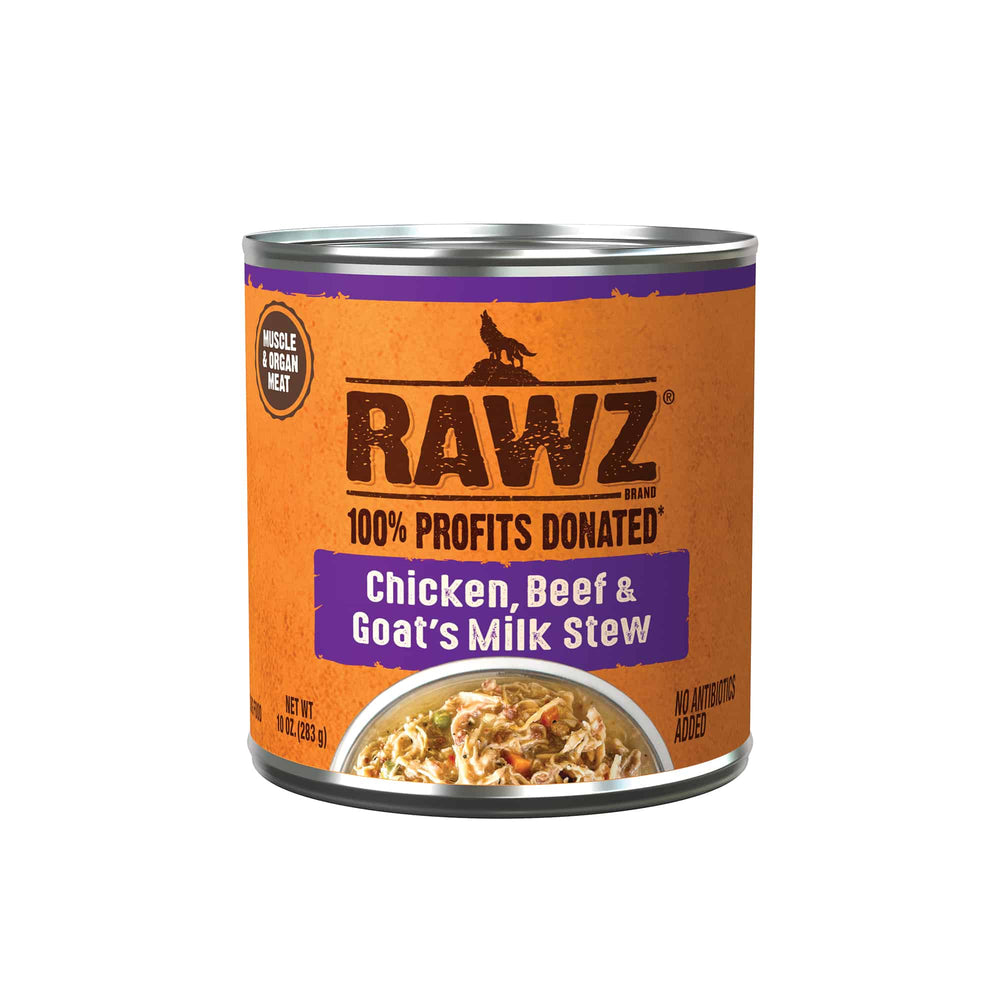 RAWZ Stew Chicken, Beef & Goat's Milk Canned Dog Food front of can.