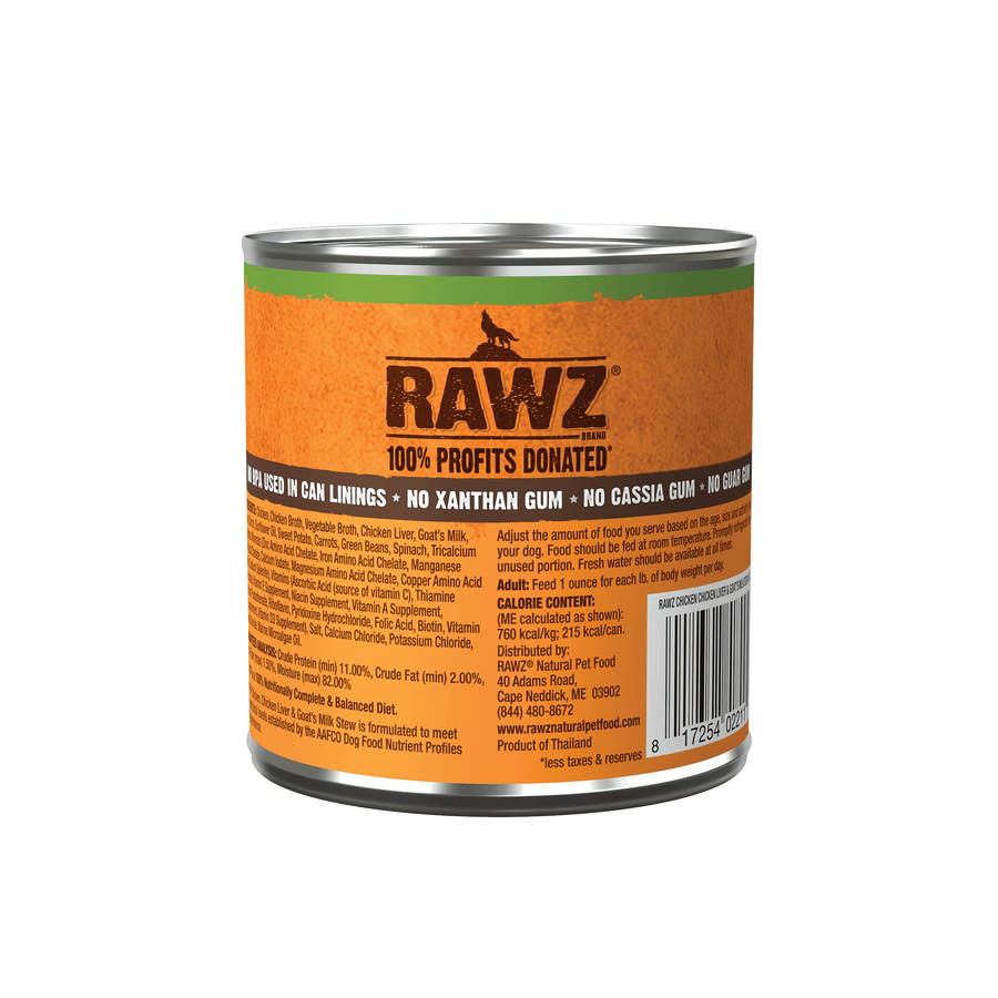 RAWZ Stew Chicken, Chicken Liver & Goat's Milk Canned Dog Food back of can.