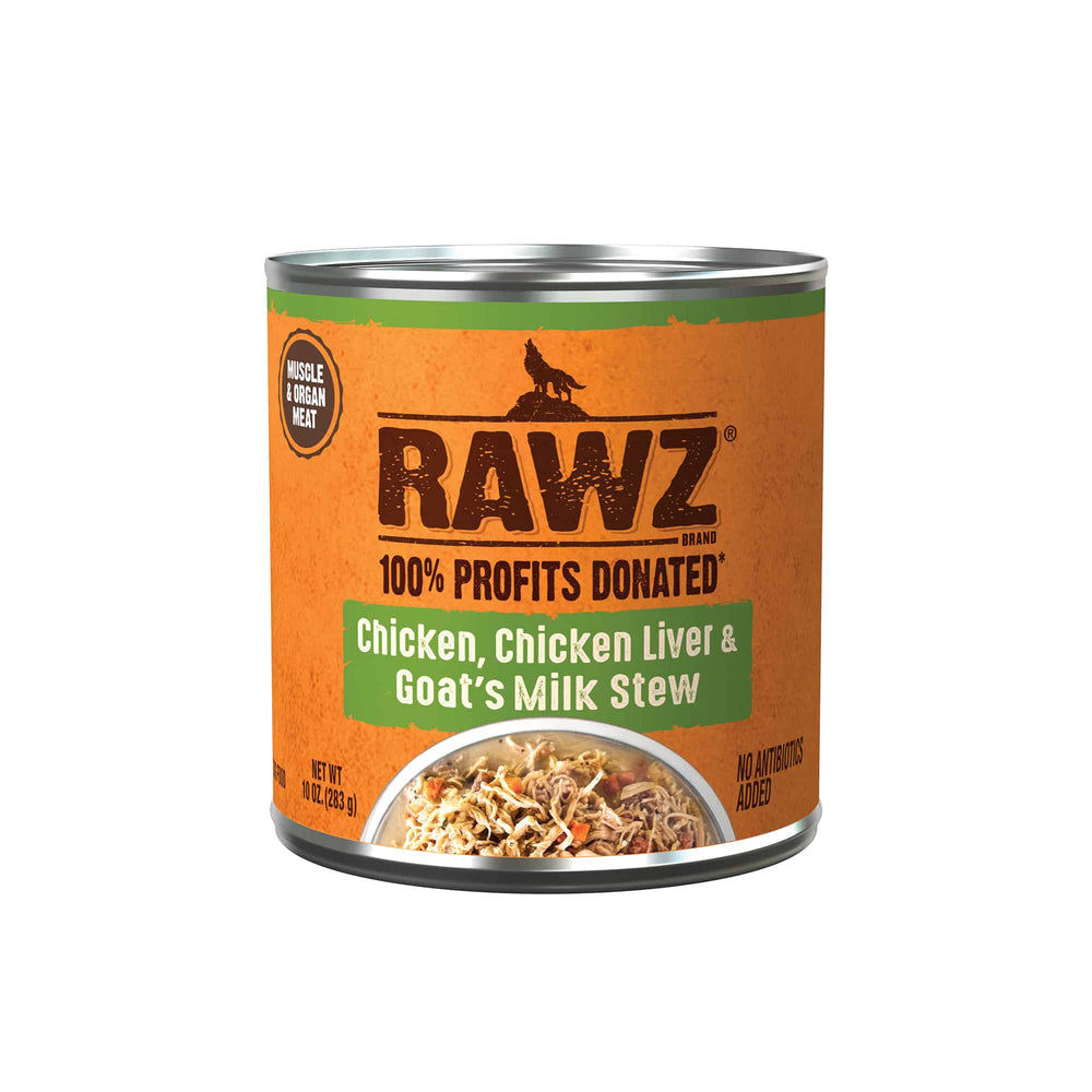 RAWZ Stew Chicken, Chicken Liver & Goat's Milk Canned Dog Food front of can.