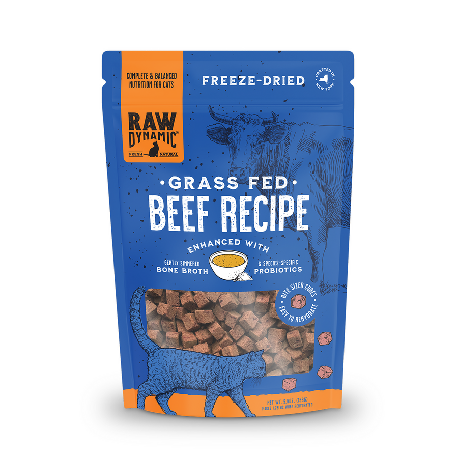 Raw Dynamic Freeze-Dried Beef Formula For Cats front of bag. 