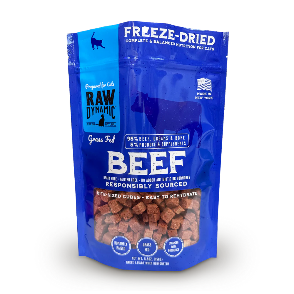 Front Pouch of Raw Dynamic Freeze Dried Beef Cat Food 3lbs