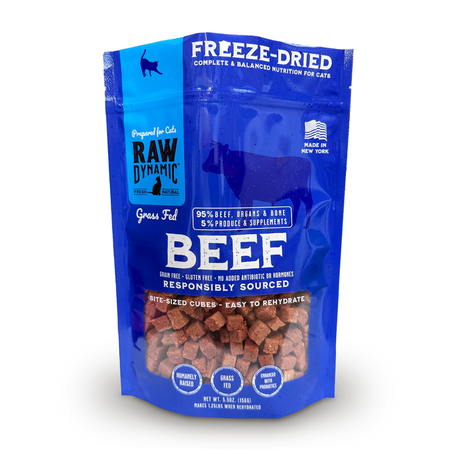 Front Pouch of Raw Dynamic Freeze Dried Beef Cat Food 3lbs