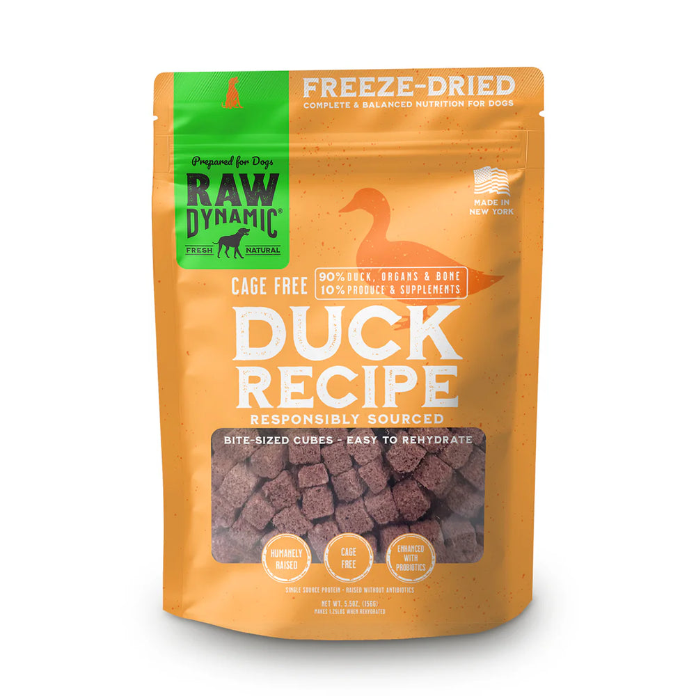 Front packaging of Raw Dynamic Freeze Dried Duck Dog Food 5.5oz