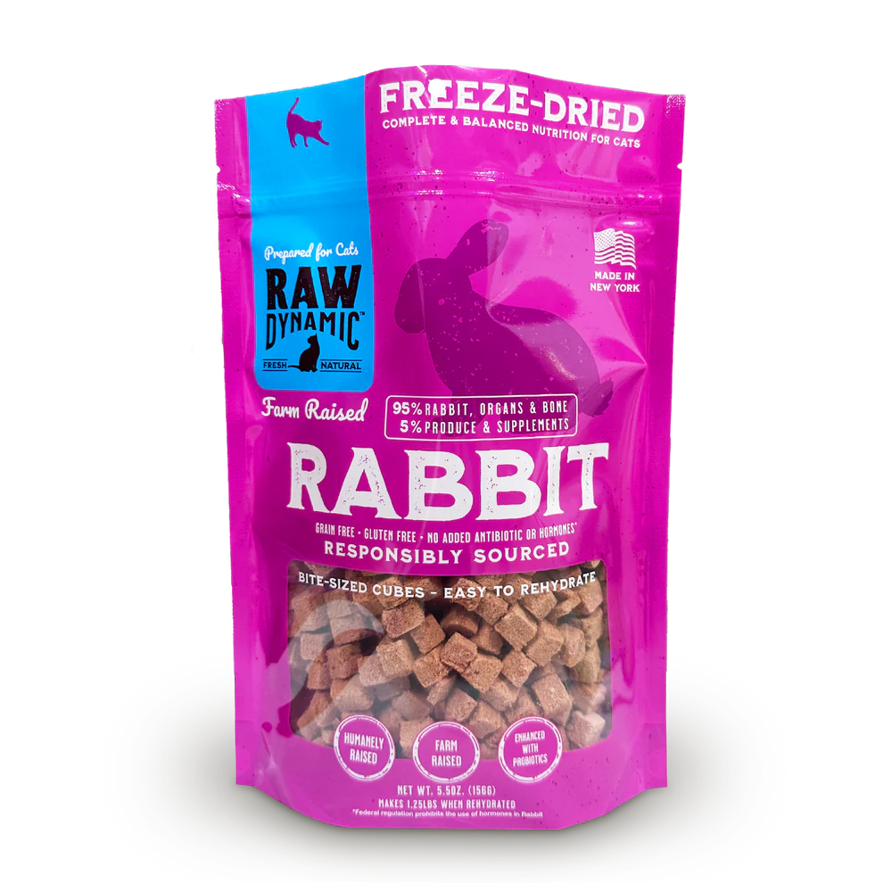 Front Pouch of Raw Dynamic Freeze Dried Rabbit Cat Food 3lbs