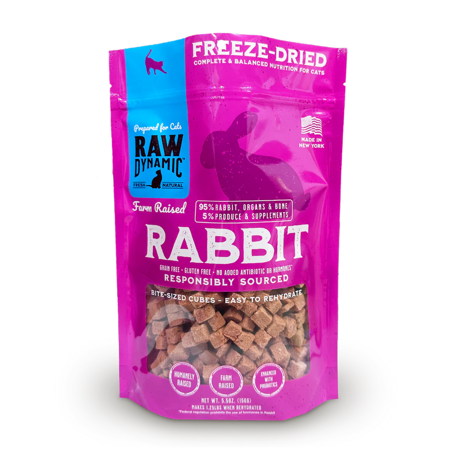 Front Pouch of Raw Dynamic Freeze Dried Rabbit Cat Food 3lbs