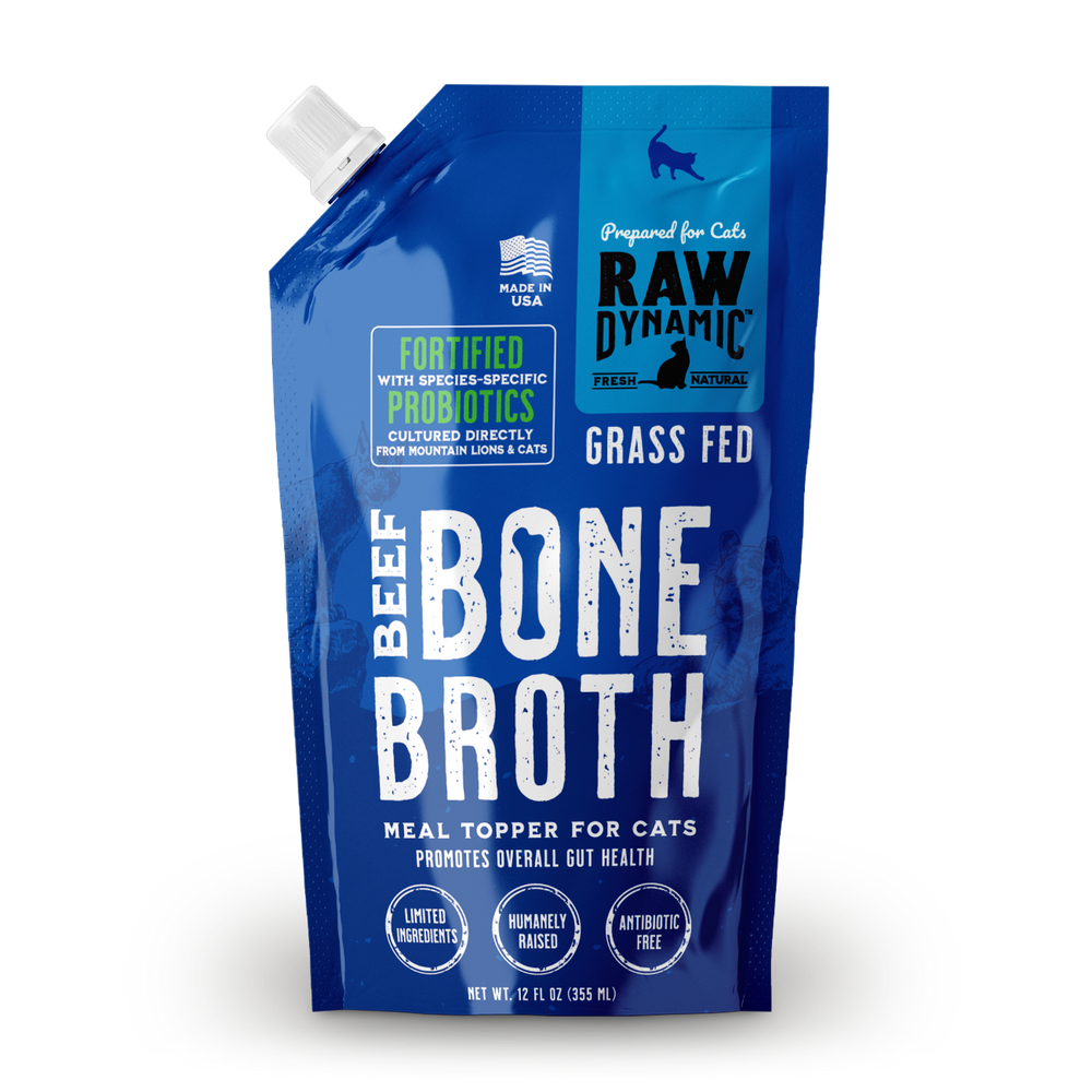 Front Bag of Raw Dynamic Frozen Beef Bone Broth For Cats 12 fl oz