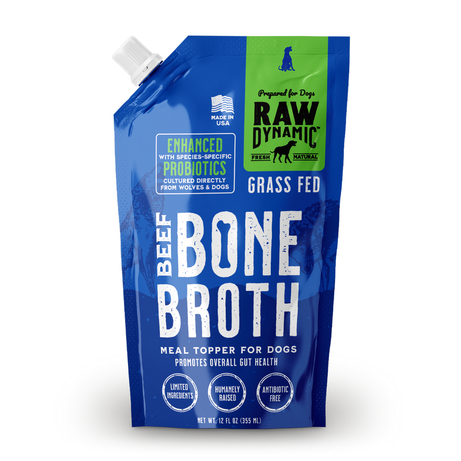 Front bag of Raw Dynamic Frozen Beef Bone Broth For Dogs 12 fl oz