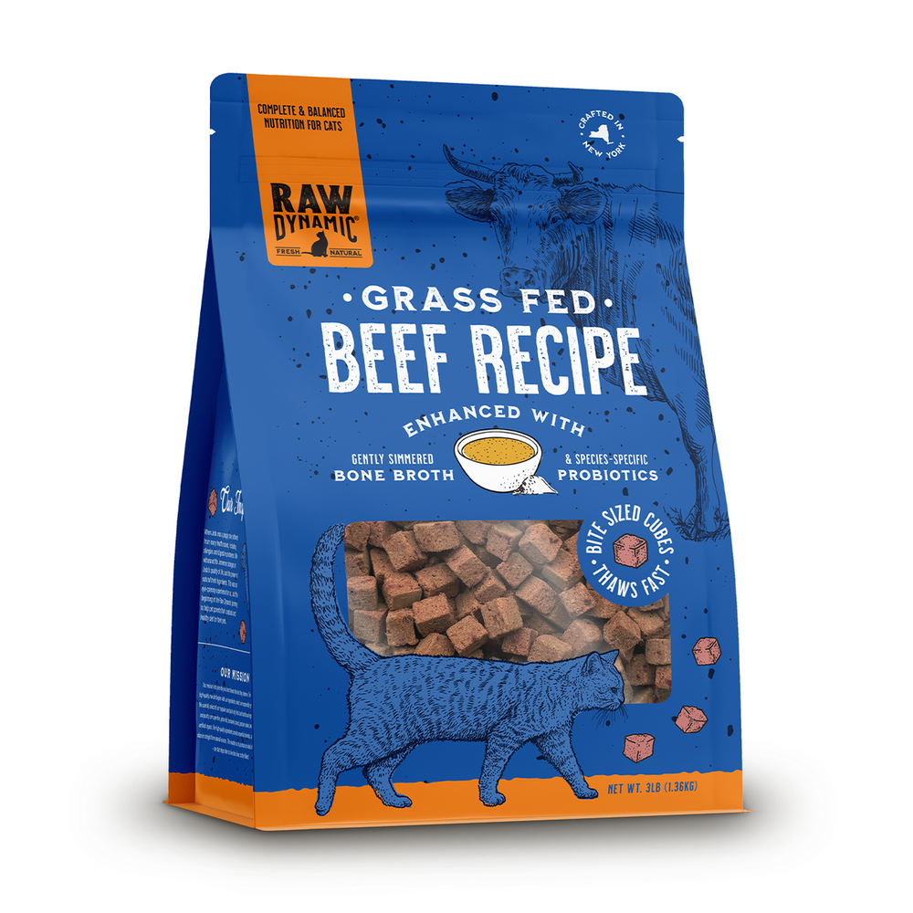 Raw Dynamic Frozen Beef Formula For Cats front of bag. 