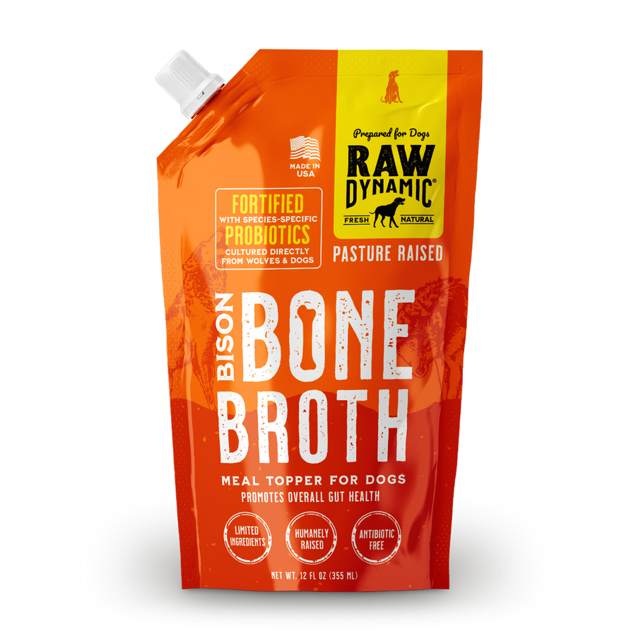 Front bag of Raw Dynamic Frozen Bison Bone Broth For Dogs 12 fl oz