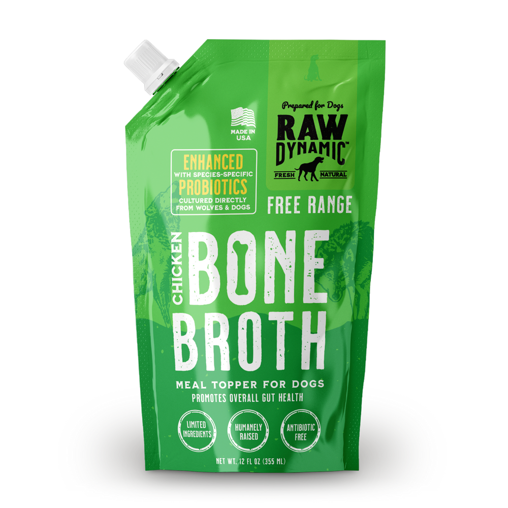 Front bag of Raw Dynamic Frozen Chicken Bone Broth For Dogs 12 fl oz