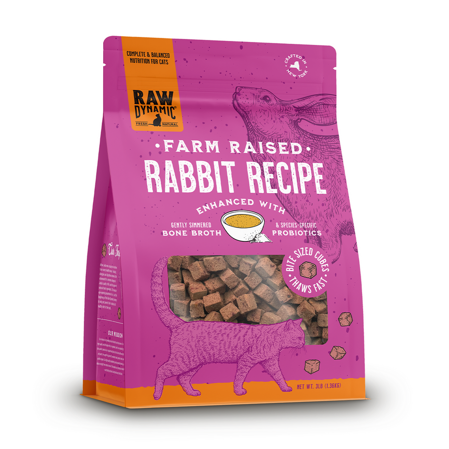 Raw Dynamic Frozen Rabbit Formula For Cats front of bag. 
