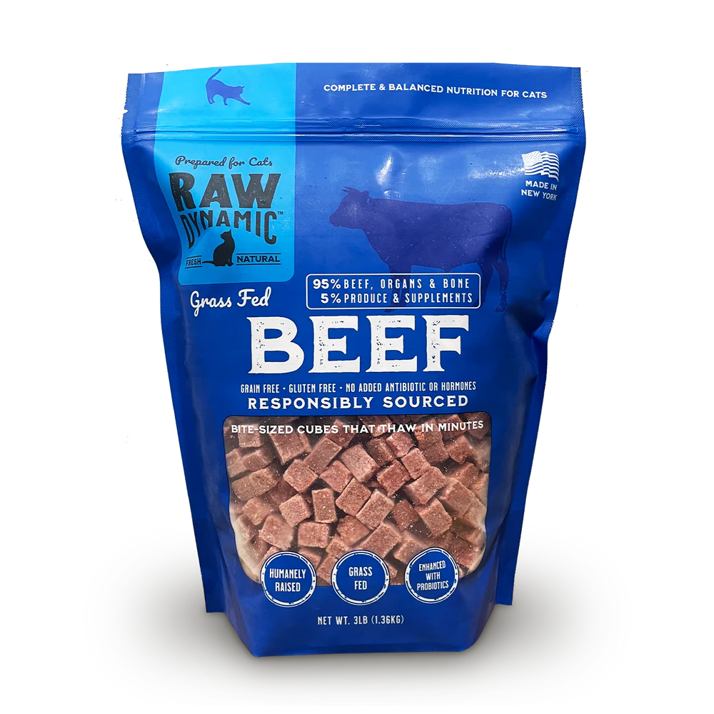 Front Pouch of Raw Dynamic Frozen Raw Beef Formula Cat Food 3lbs