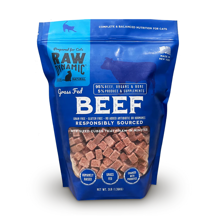 Front Pouch of Raw Dynamic Frozen Raw Beef Formula Cat Food 3lbs
