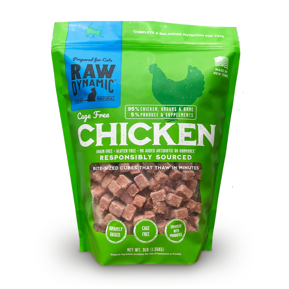 Front Pouch of Raw Dynamic Frozen Raw Chicken Formula Cat Food 3lbs