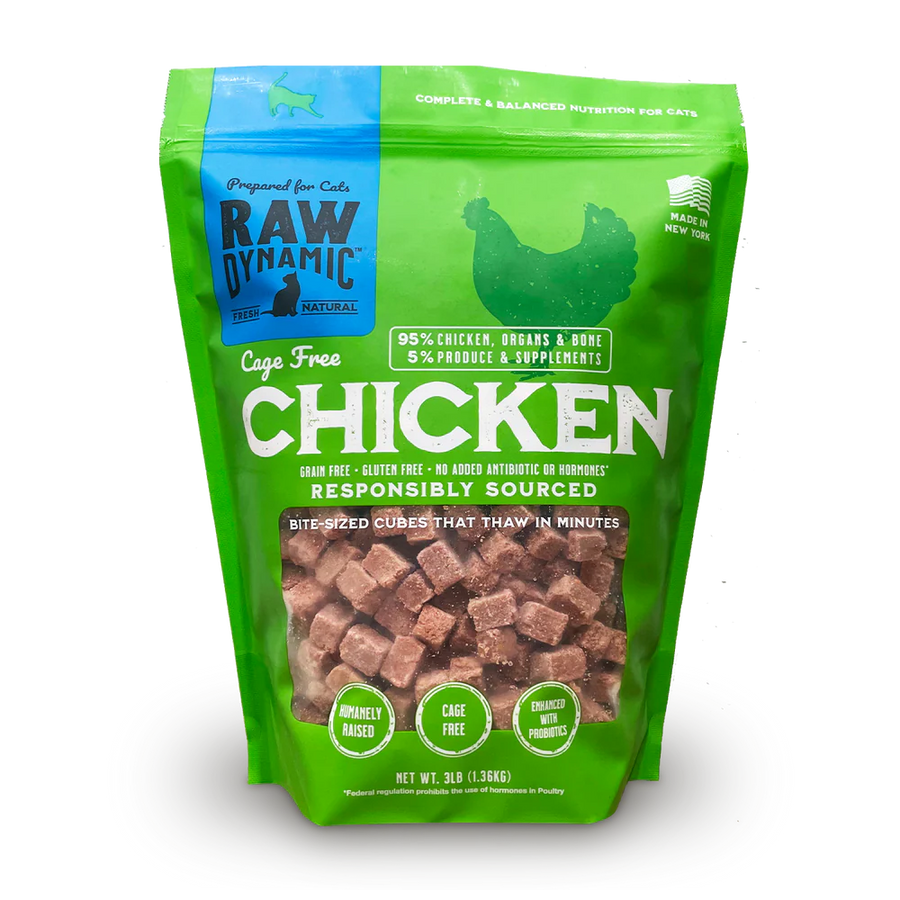 Front Pouch of Raw Dynamic Frozen Raw Chicken Formula Cat Food 3lbs