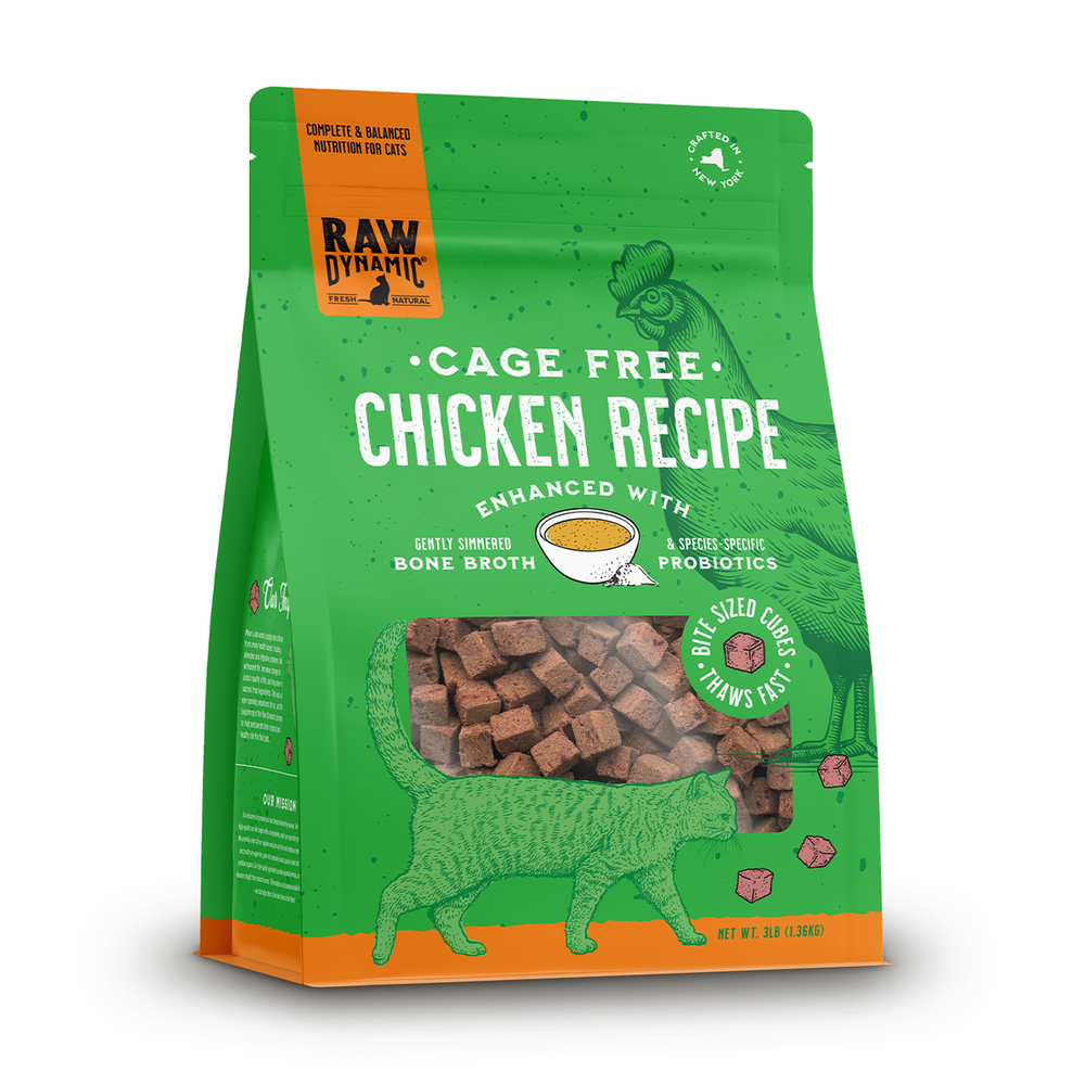 Raw Dynamic Frozen Raw Chicken Formula For Cats front of bag. 