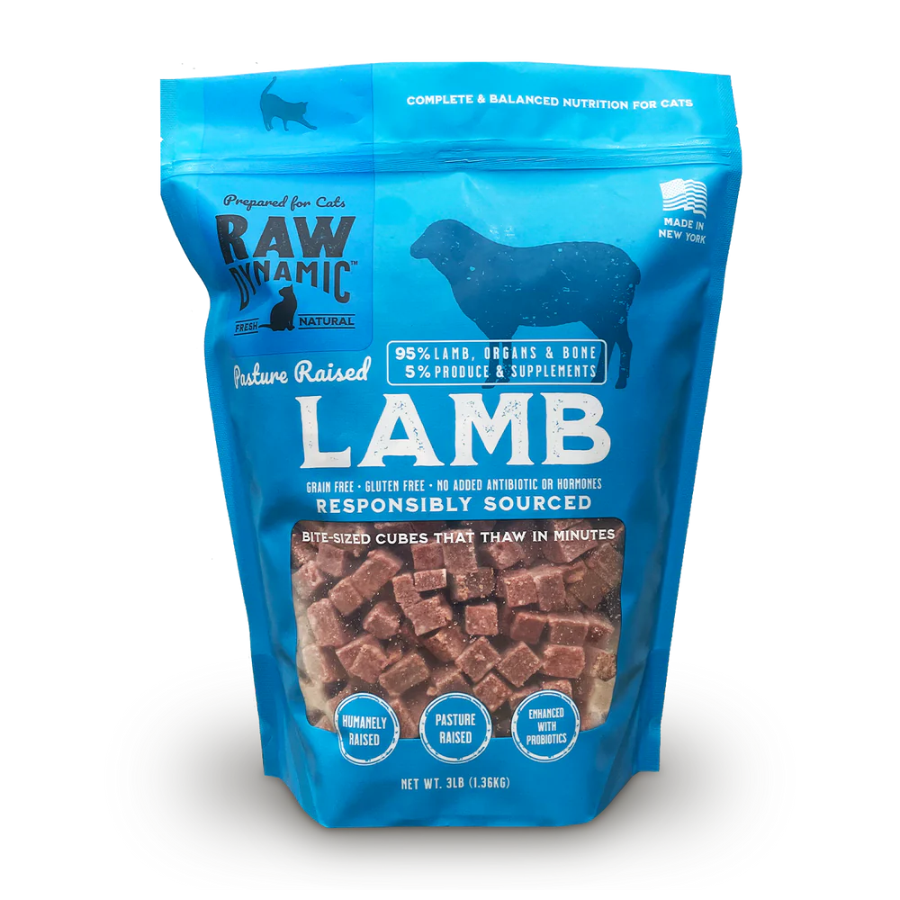 Front Pouch of Raw Dynamic Frozen Raw Lamb Formula Cat Food 3lbs