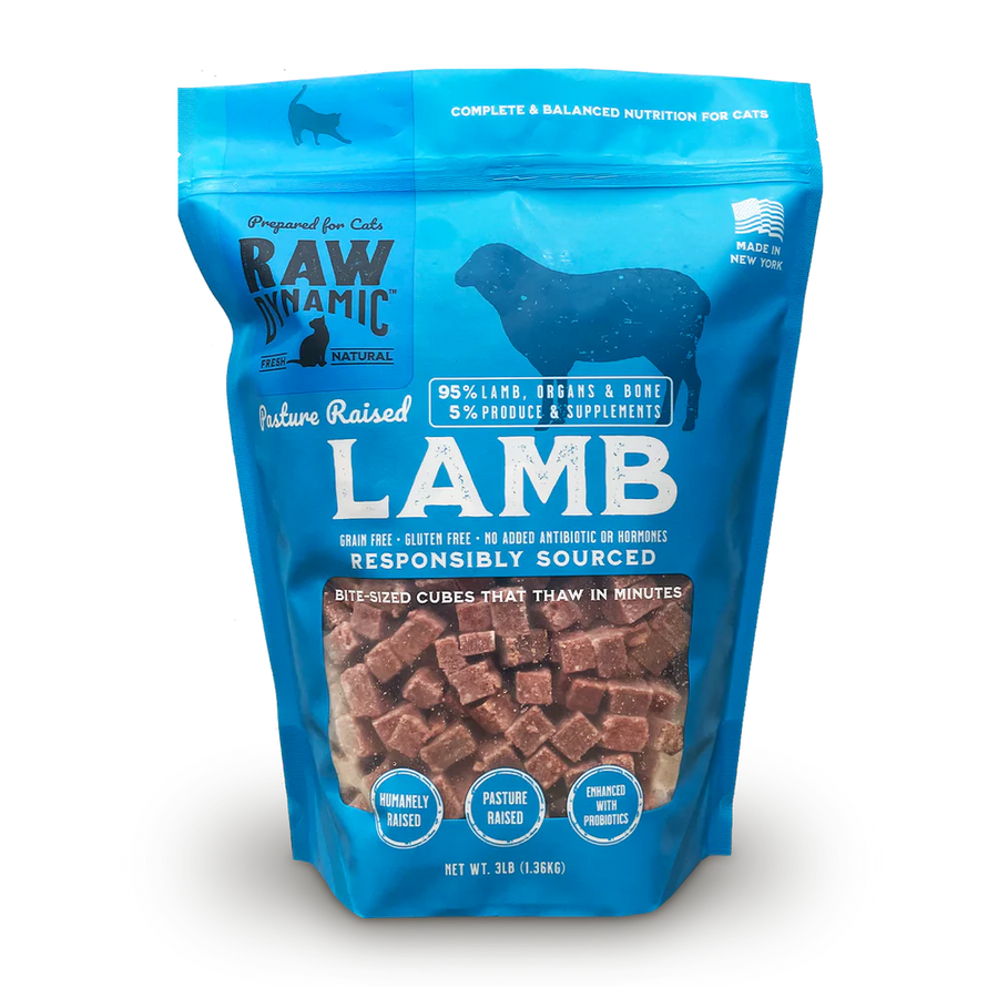 Front Pouch of Raw Dynamic Frozen Raw Lamb Formula Cat Food 3lbs