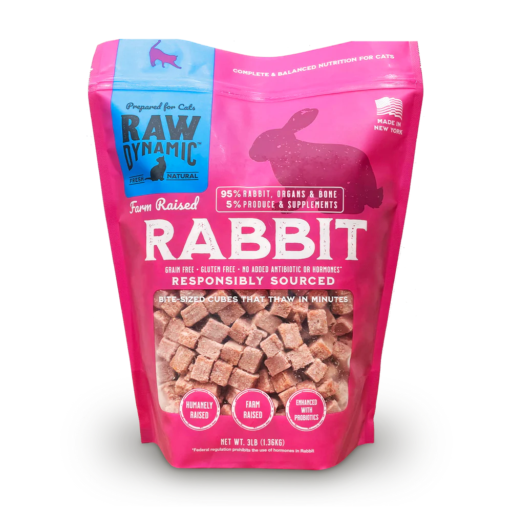 Front Pouch of Raw Dynamic Frozen Raw Rabbit Formula Cat Food 3lbs