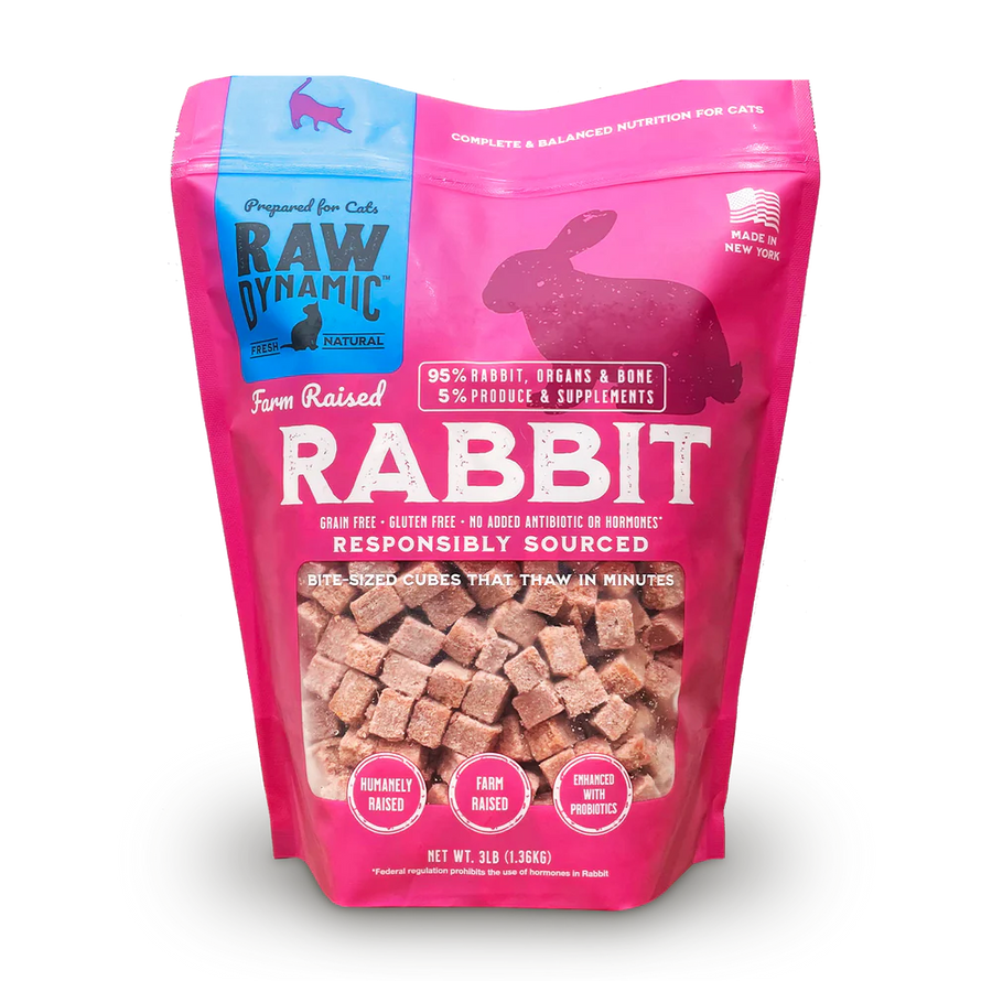 Front Pouch of Raw Dynamic Frozen Raw Rabbit Formula Cat Food 3lbs