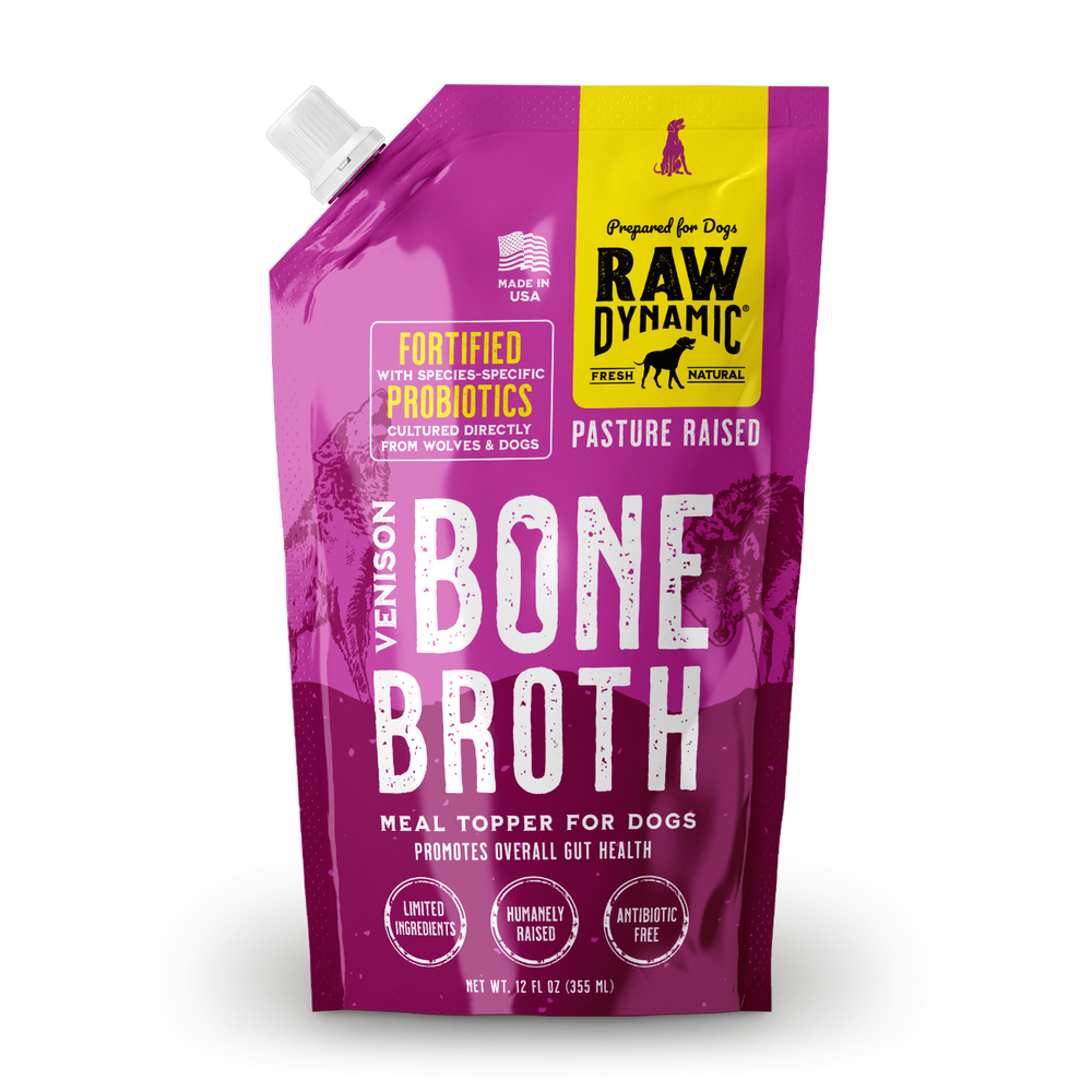 Raw Dynamic Frozen Venison Bone Broth For Dogs front of bag.