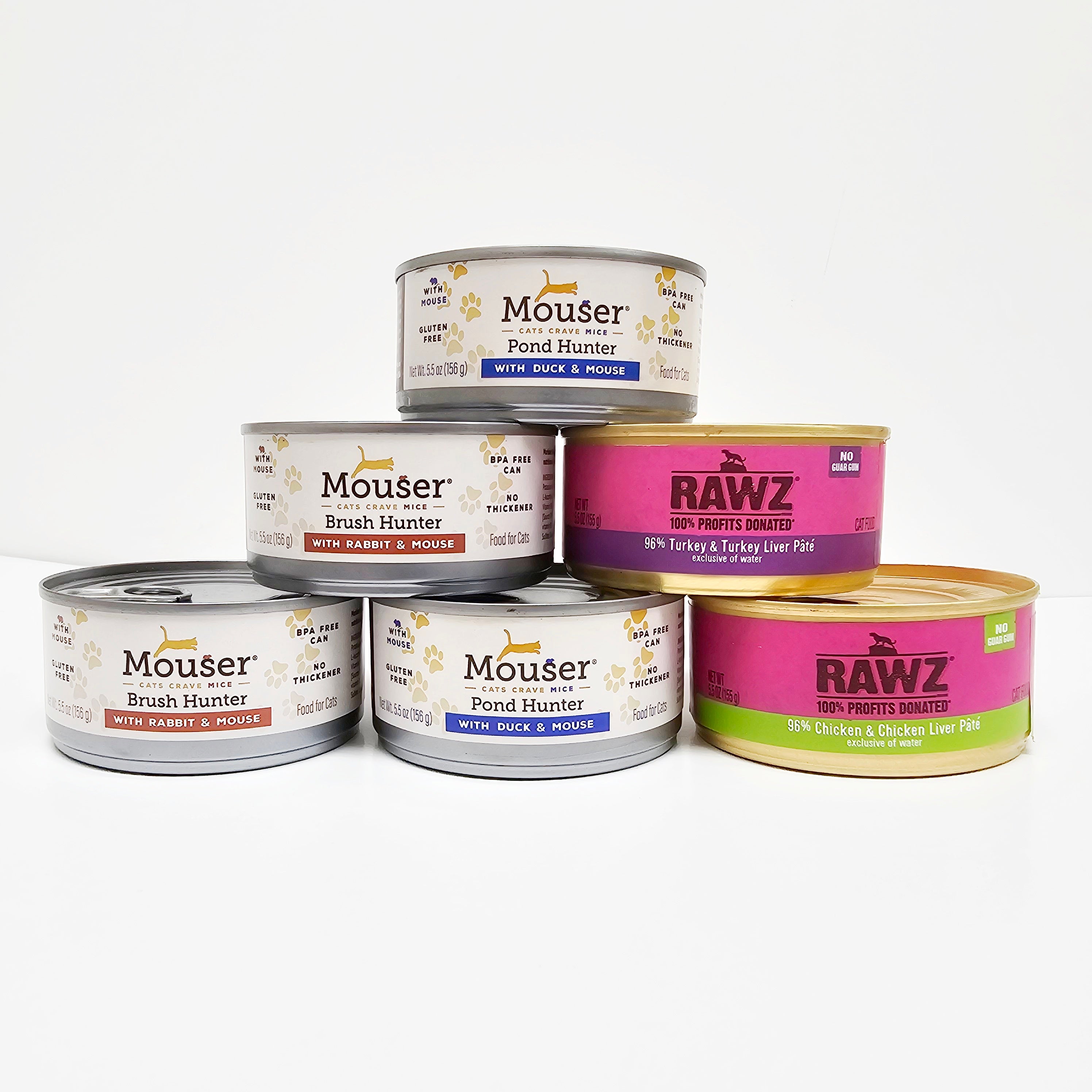 Stacked cans of Rawz & Mouser Canned Cat Food Mixed 