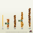 Redbarn Braided Bully Stick Dog Treat 7" to 12" sizes comparison to pencil