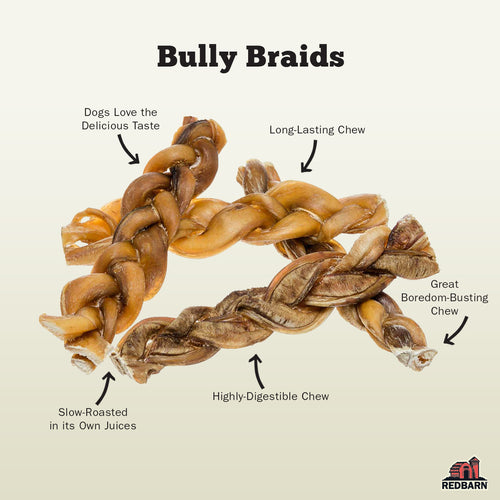Redbarn Bully Braids: long-lasting, highly-digestible, slow-roasted in juices, and boredom-busting dog chews.