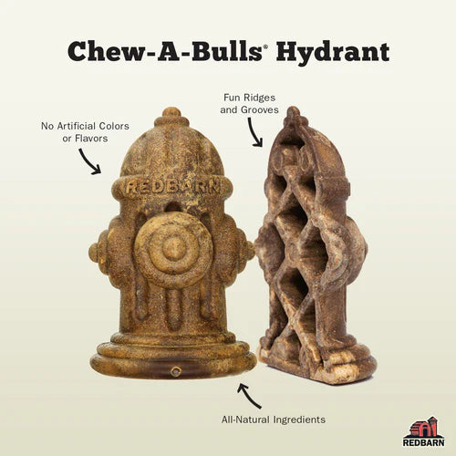 Redbarn Chew-A-Bulls Hydrant Dog Treats has fun ridges and grooves, no artificial colors or flavors and all-natural ingredient