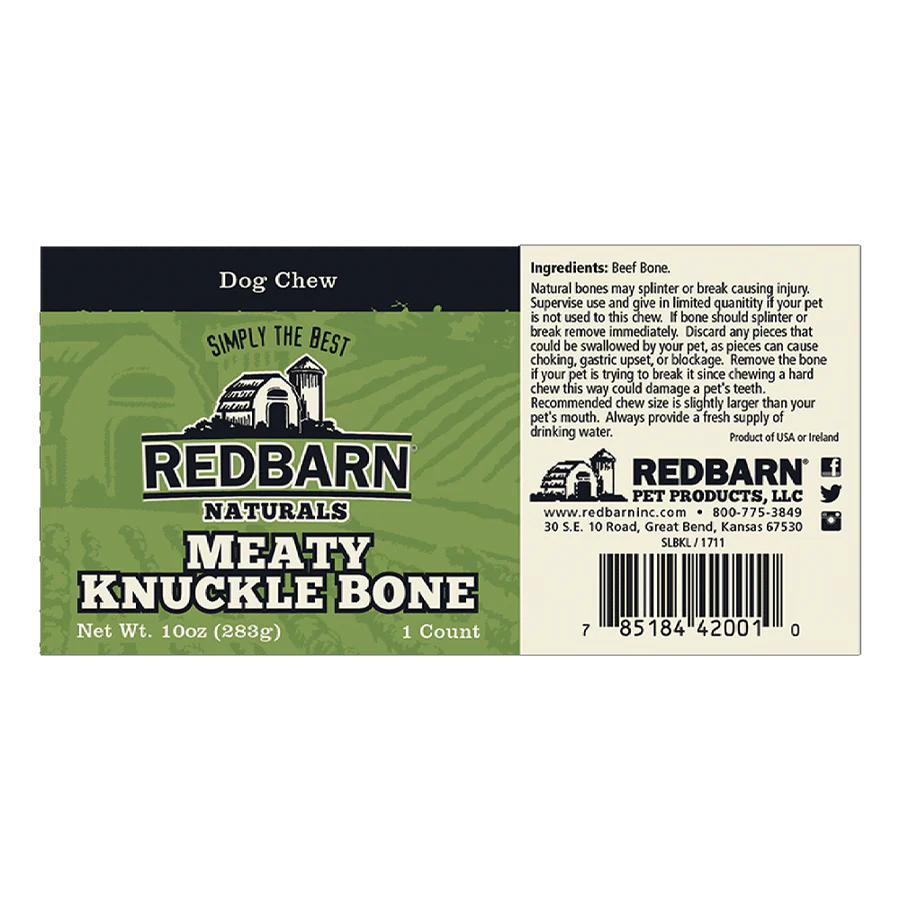 Packaging label of Redbarn Meaty Knuckle Bone Dog Treat 10oz