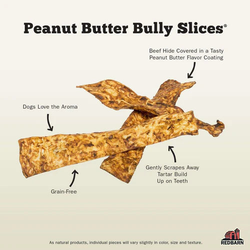 Redbarn Naturals Bully Slices Peanut Butter Dog Treats are grain-free, and has beef hide covered in a tasty peanut butter coating making dogs love the aroma, it also gently scrapes tartat build up