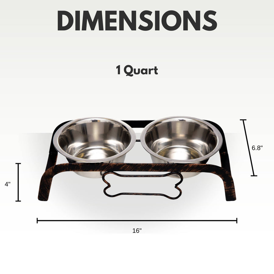 16 x 6.8 x 4 inches dimension of 1 Quart Rustic Elevated Dog Bone Feeder with 2 Stainless Steel Bowls