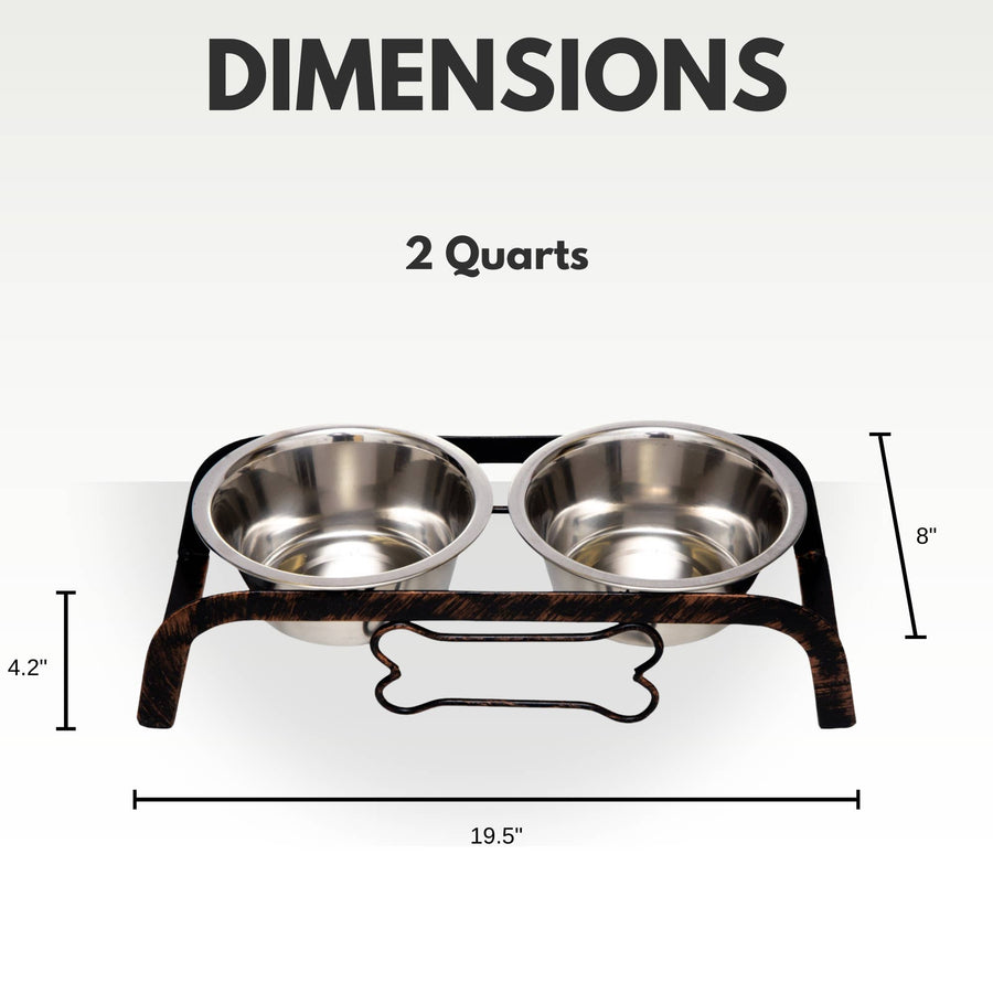 19.5 x 8 x 4..2 inches dimension of 2 Quarts Rustic Elevated Dog Bone Feeder with 2 Stainless Steel Bowls