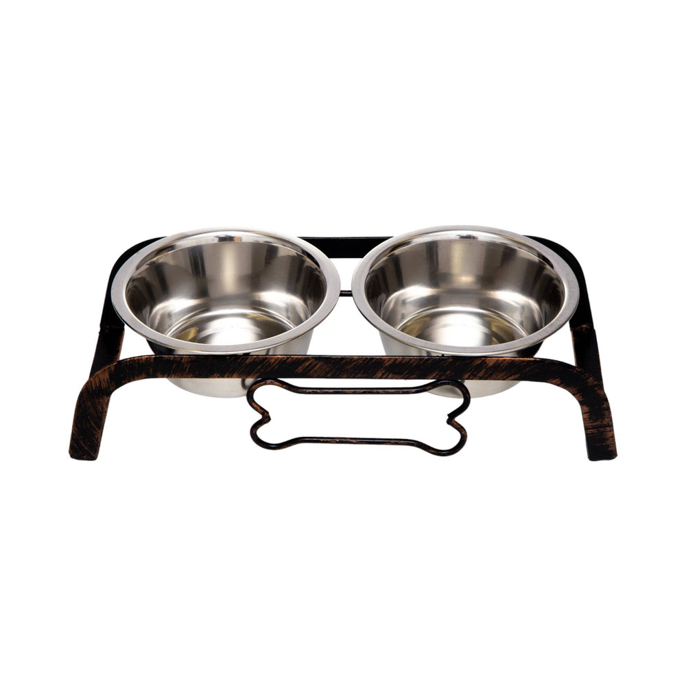 Front View of Rustic Elevated Dog Bone Feeder with 2 Stainless Steel Bowls