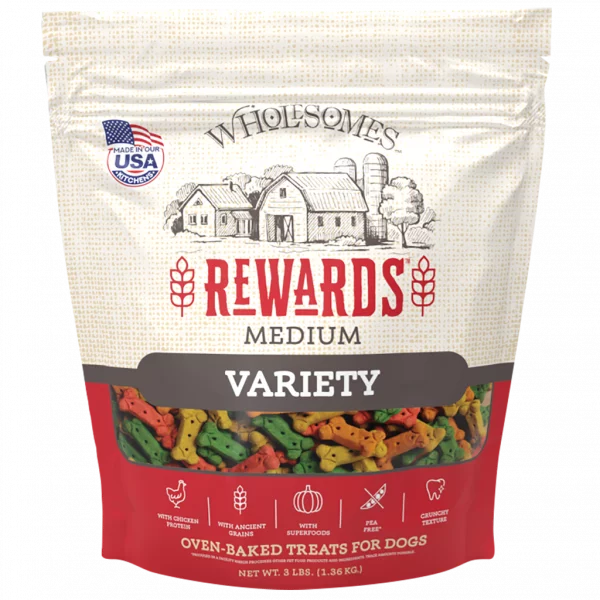 Front pouch of SPORTMiX Wholesomes Rewards Variety Dog Treats 3lbs