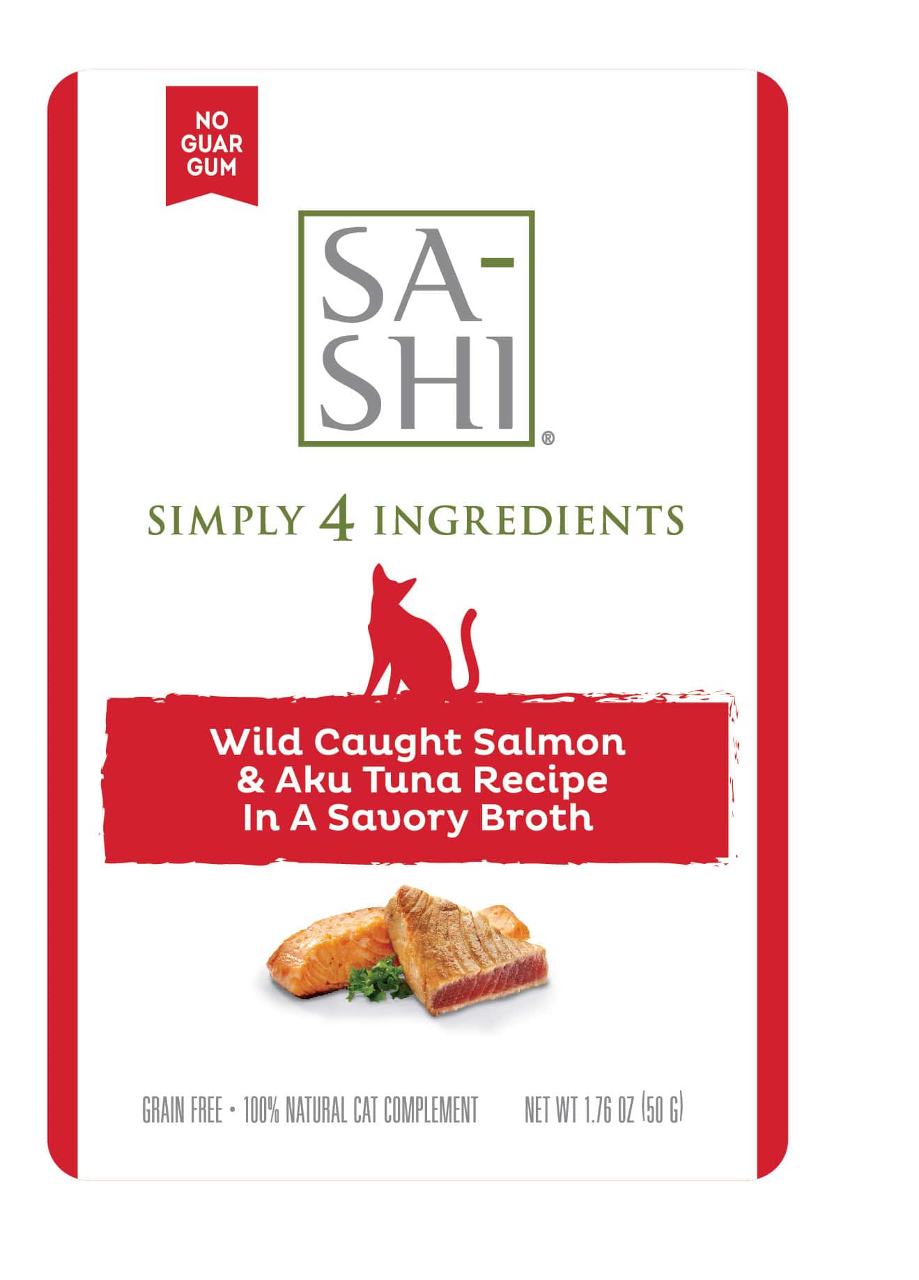 Front Label of Sa-Shi Salmon & Tuna Recipe Cat Food Pouch 50g