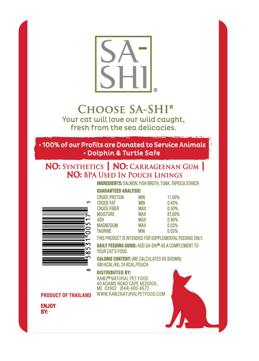Back label of Sa-Shi Salmon & Tuna Recipe Cat Food Pouch 