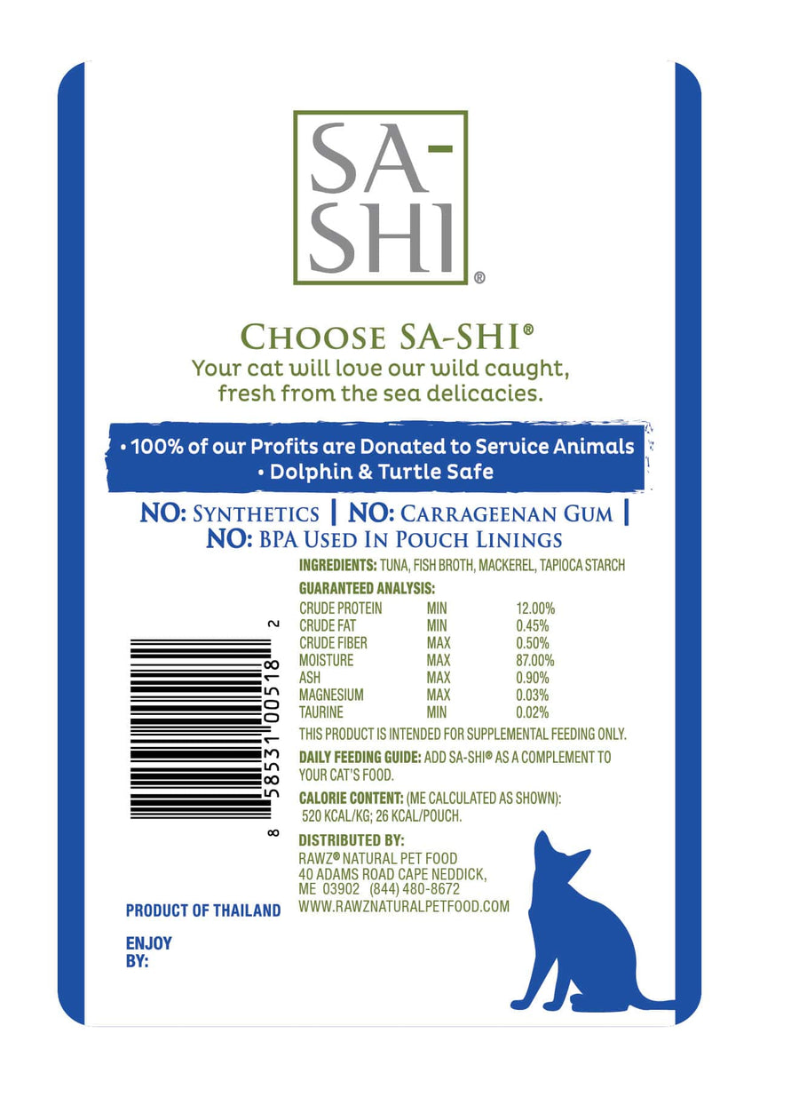 Back label of Sa-Shi Tuna & Mackerel Recipe Cat Food Pouch 50g
