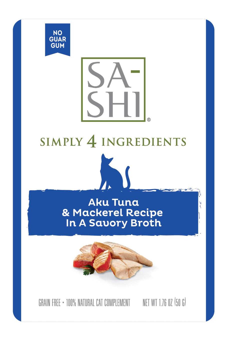 Front label of Sa-Shi Tuna & Mackerel Recipe Cat Food Pouch 50g