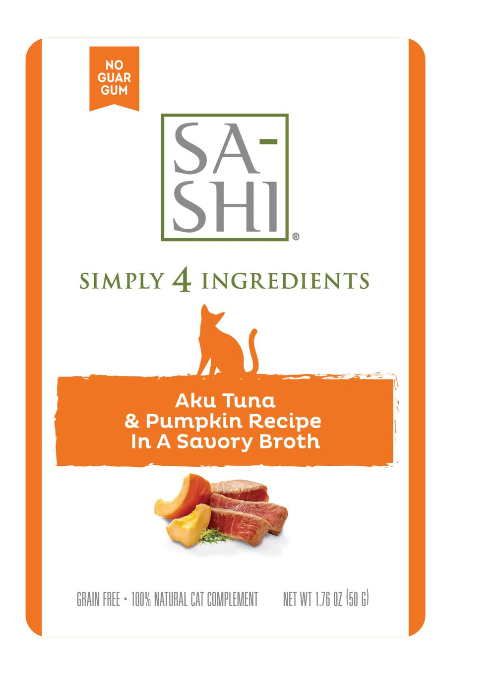 Front label of Sa-Shi Tuna & Pumpkin Recipe Cat Food Pouch 50g
