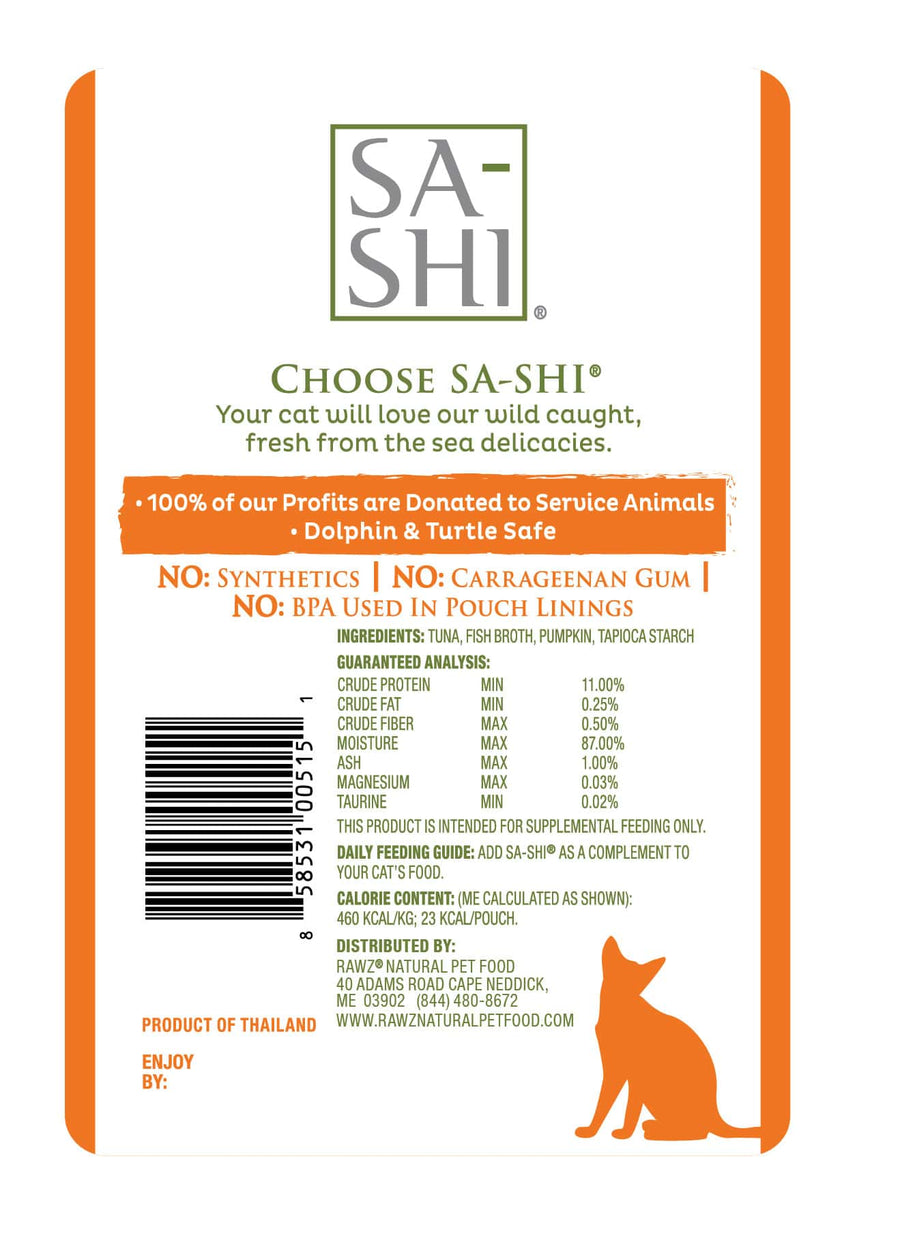 Back label of Sa-Shi Tuna & Pumpkin Recipe Cat Food Pouch