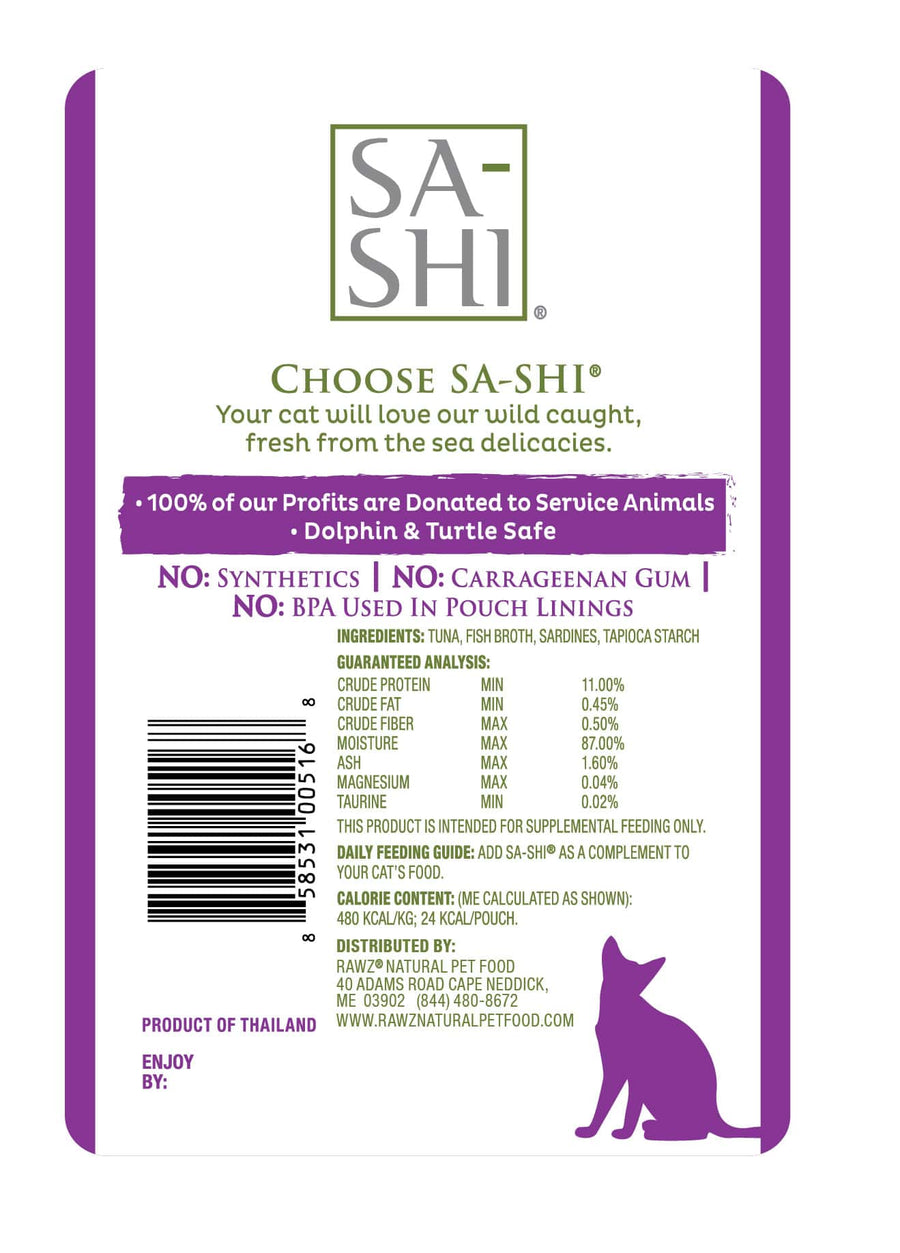 Back label of Sa-Shi Tuna & Sardines Recipe Cat Food Pouch 50g