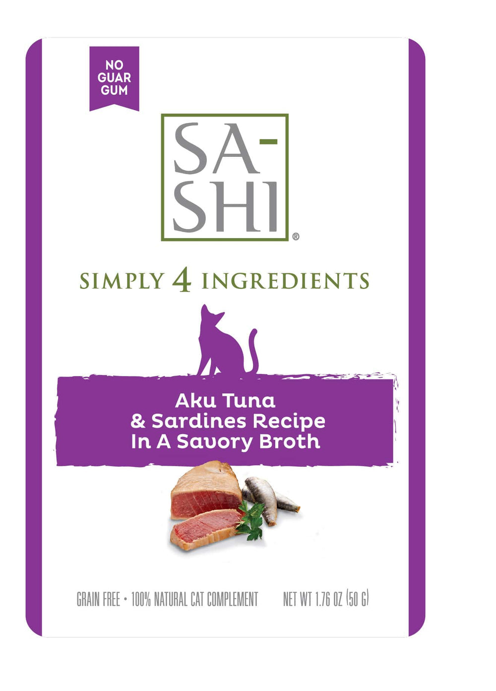 Front label of Sa-Shi Tuna & Sardines Recipe Cat Food Pouch 50g