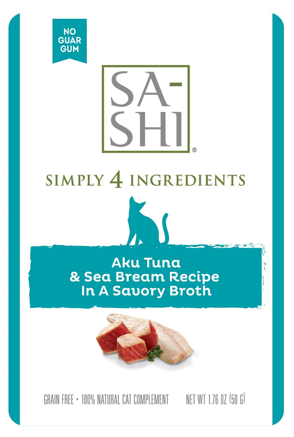 Front label of Sa-Shi Tuna and Sea Bream Recipe Cat Food Pouch 50g