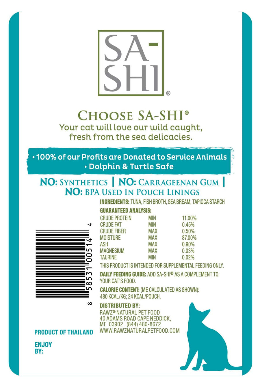 Back label of Sa-Shi Tuna and Sea Bream Recipe Cat Food Pouch